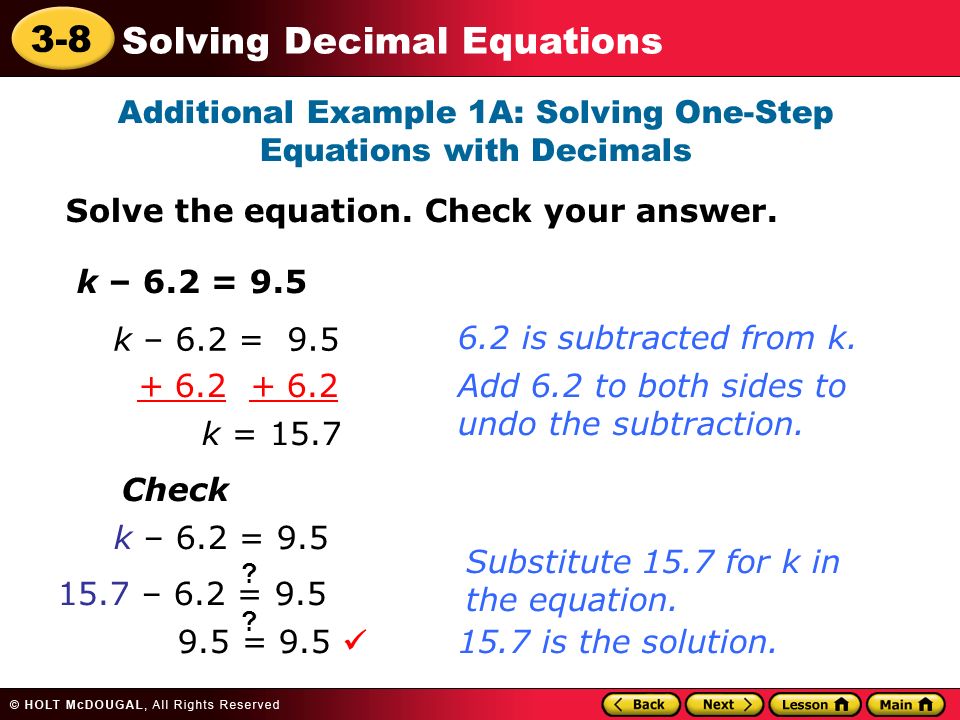 One Step Equations With Decimals Talkchannels 3 8 Solving Decimal Equations Learn To Solve Involving