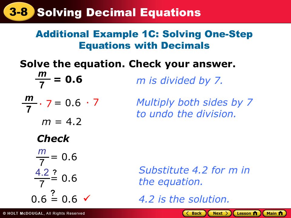 3 8 Solving Decimal Equations Learn To Solve Involving 3 8 Solving Decimal Equations Additional Example 1c One Step With