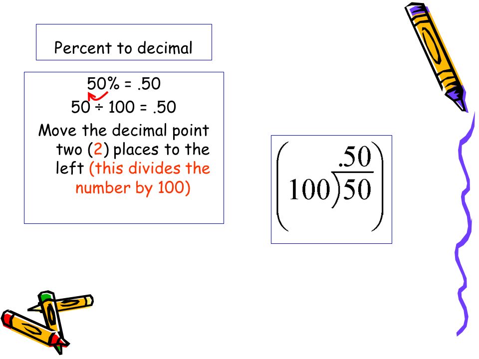 Percent to decimal 50% = ÷ 100 =.50 Move the decimal point two (2) places to the left (this divides the number by 100)