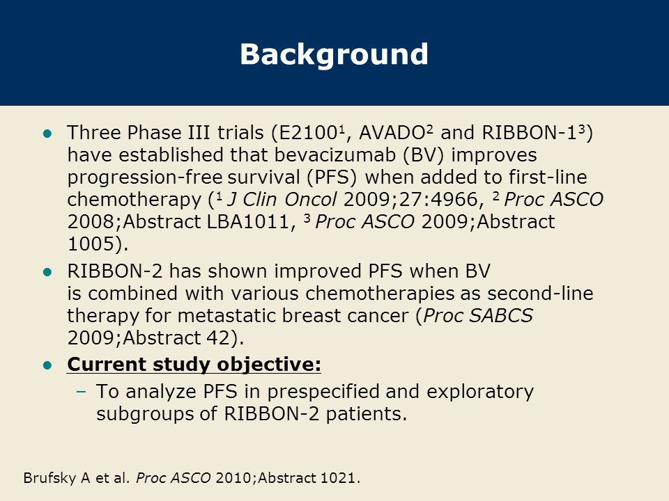 Background Three Phase III trials (E2100 1, AVADO 2 and RIBBON-1 3 ) have established that bevacizumab (BV) improves progression-free survival (PFS) when added to first-line chemotherapy ( 1 J Clin Oncol 2009;27:4966, 2 Proc ASCO 2008;Abstract LBA1011, 3 Proc ASCO 2009;Abstract 1005).