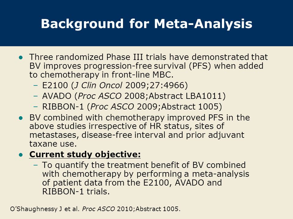 Background for Meta-Analysis Three randomized Phase III trials have demonstrated that BV improves progression-free survival (PFS) when added to chemotherapy in front-line MBC.