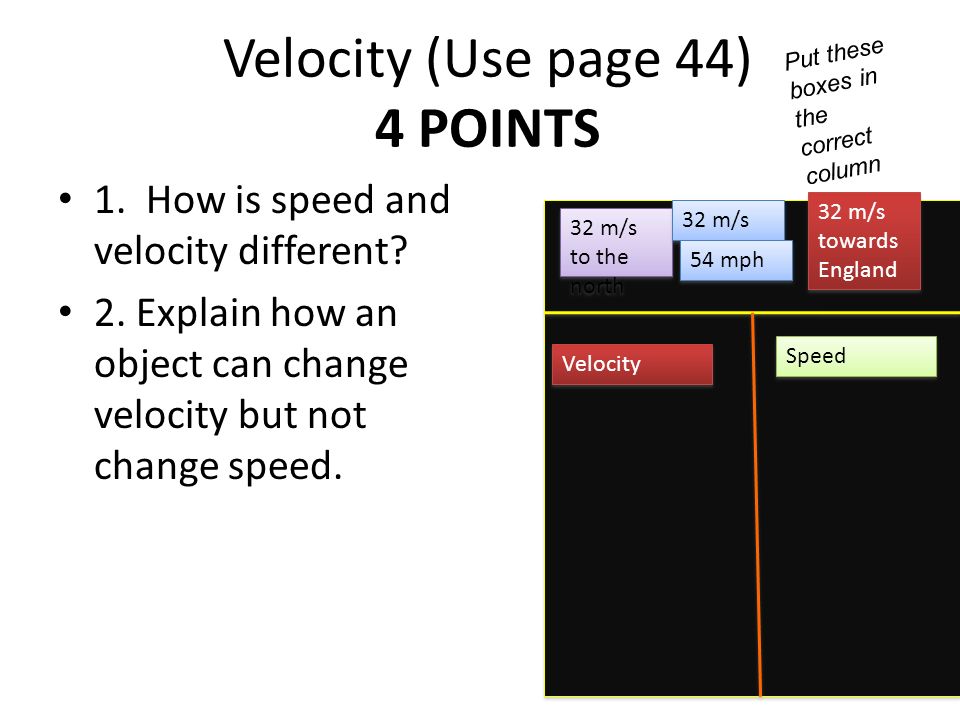 Velocity (Use page 44) 4 POINTS 1. How is speed and velocity different.