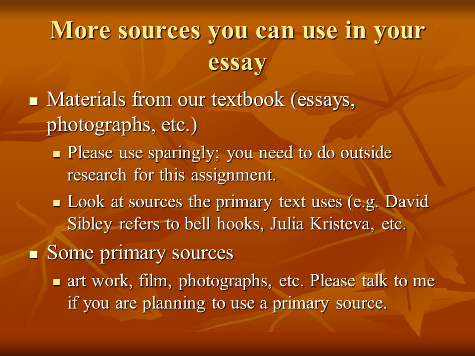 More sources you can use in your essay Materials from our textbook (essays, photographs, etc.) Materials from our textbook (essays, photographs, etc.) Please use sparingly; you need to do outside research for this assignment.