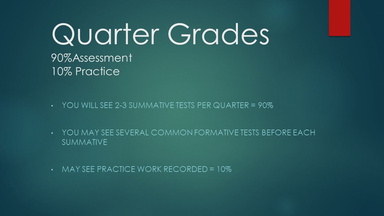 Quarter Grades 90%Assessment 10% Practice YOU WILL SEE 2-3 SUMMATIVE TESTS PER QUARTER = 90% YOU MAY SEE SEVERAL COMMON FORMATIVE TESTS BEFORE EACH SUMMATIVE MAY SEE PRACTICE WORK RECORDED = 10%
