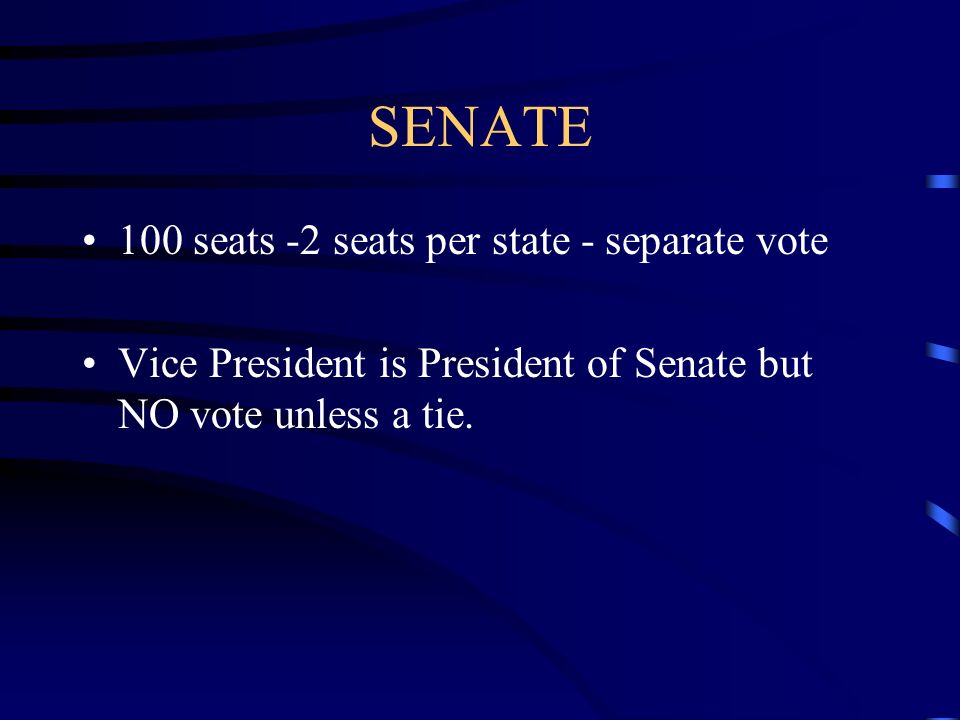 SENATE 100 seats -2 seats per state - separate vote Vice President is President of Senate but NO vote unless a tie.