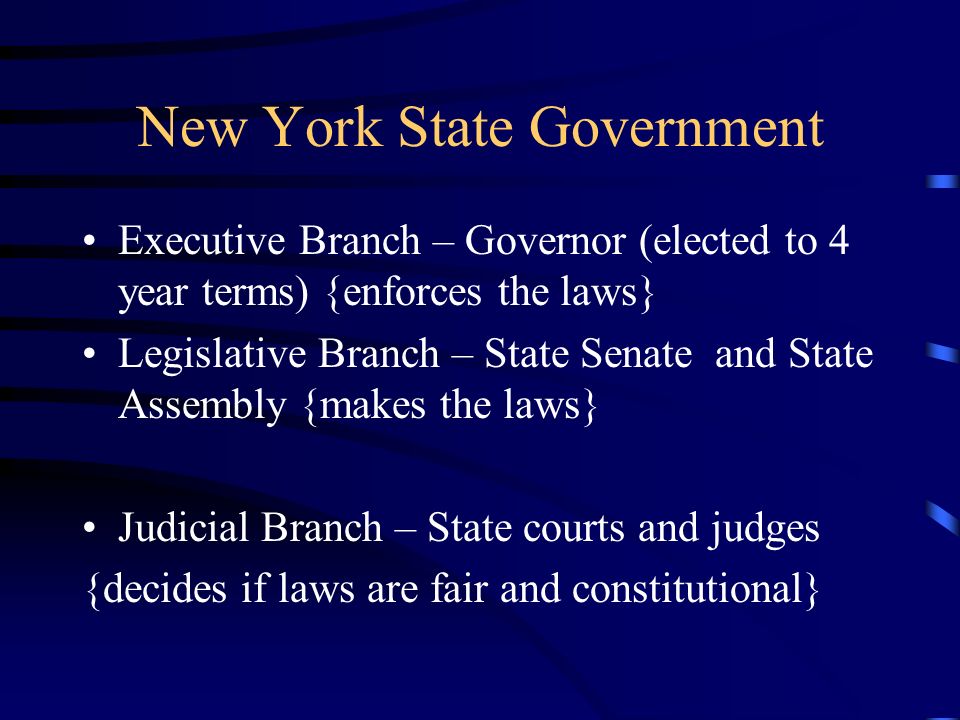 New York State Government Executive Branch – Governor (elected to 4 year terms) {enforces the laws} Legislative Branch – State Senate and State Assembly {makes the laws} Judicial Branch – State courts and judges {decides if laws are fair and constitutional}
