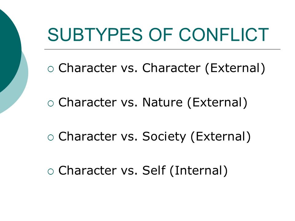 SUBTYPES OF CONFLICT  Character vs. Character (External)  Character vs.