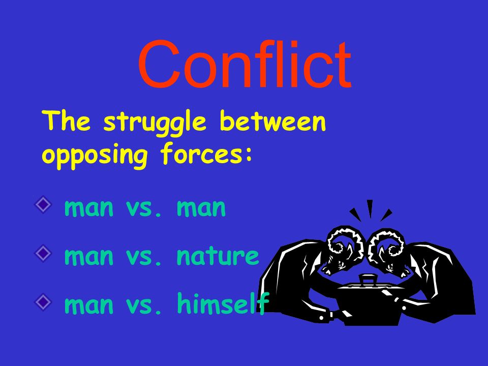 Conflict man vs. man man vs. nature man vs. himself The struggle between opposing forces: