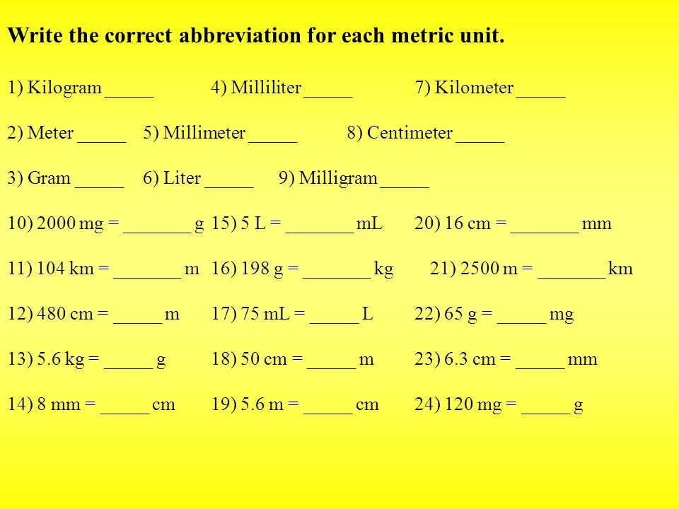 Write the correct abbreviation for each metric unit.