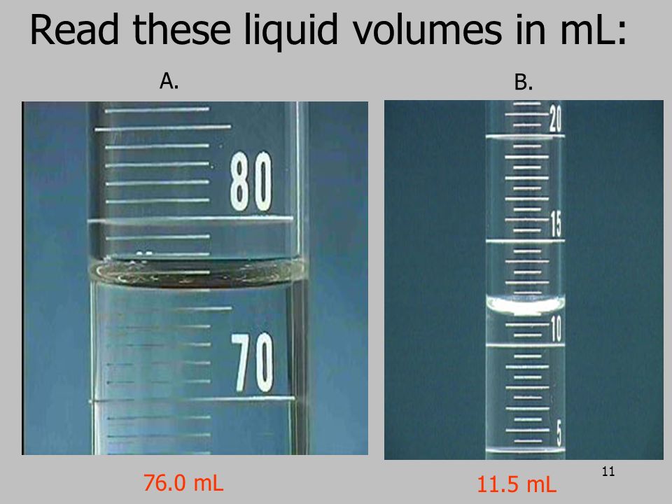 10 Reading the Meniscus When measuring liquid volume in a graduated cylinder, a meniscus often forms where the liquid ends.