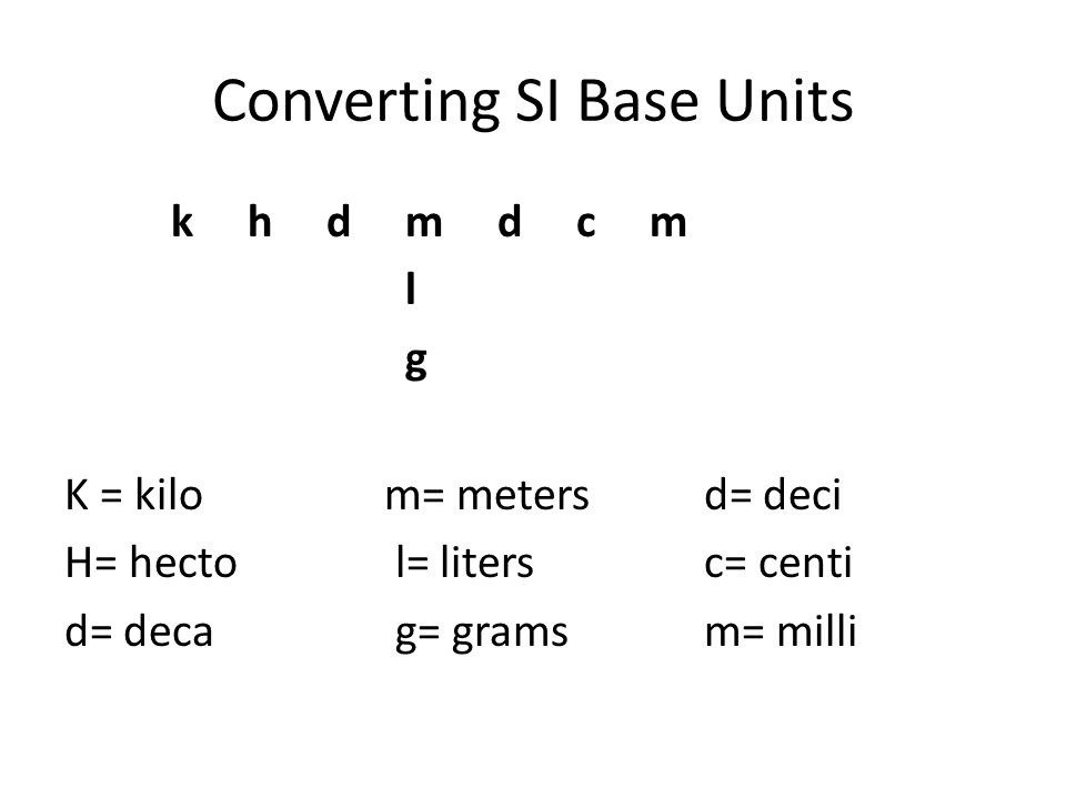 Converting SI Base Units k h d m d c m l g K = kilo m= metersd= deci H= hecto l= litersc= centi d= deca g= gramsm= milli