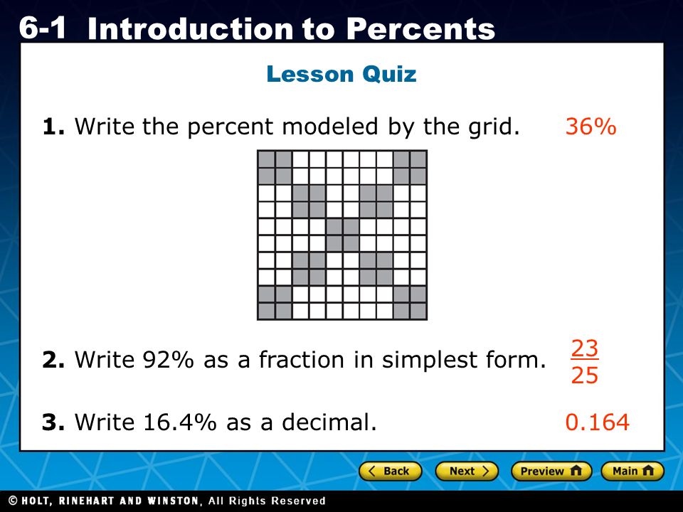 Holt CA Course Introduction to Percents Lesson Quiz 36%1.