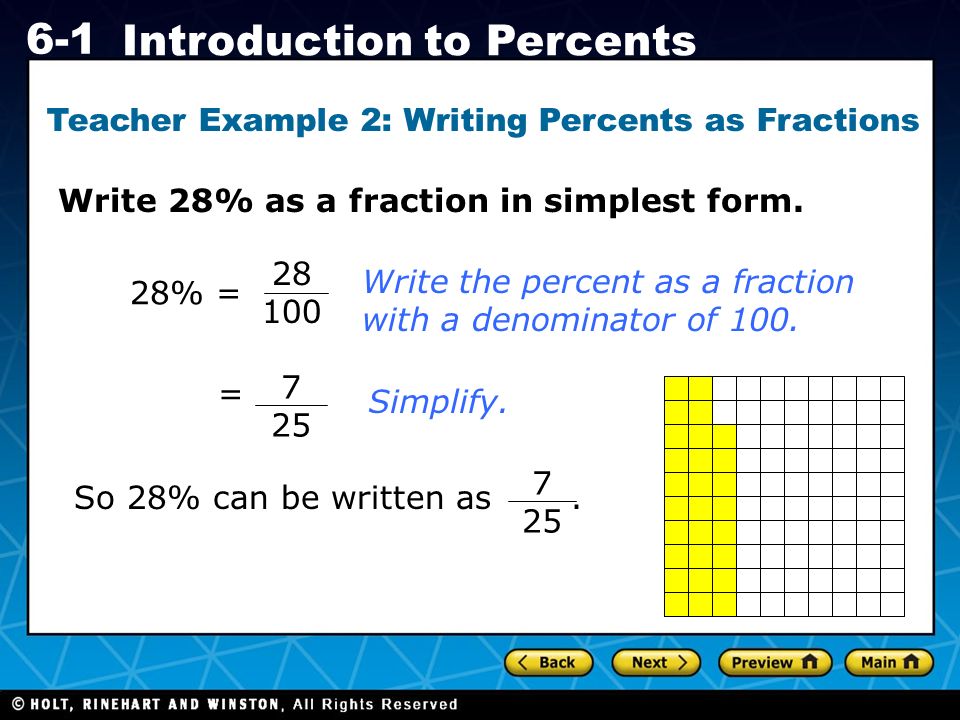Holt CA Course Introduction to Percents Write 28% as a fraction in simplest form.