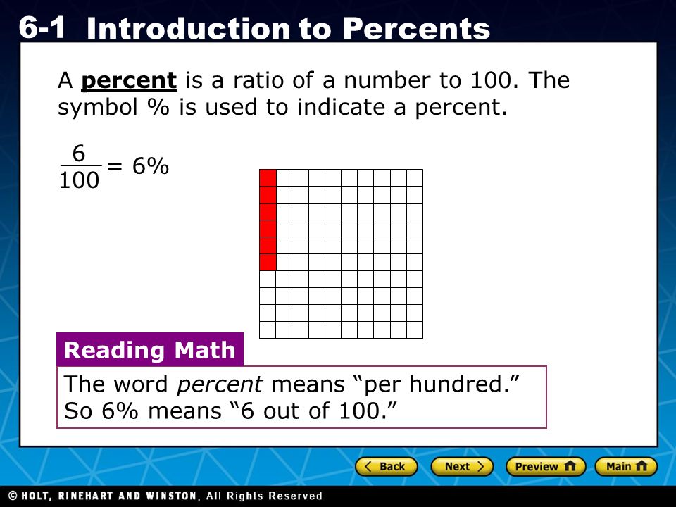 Holt CA Course Introduction to Percents A percent is a ratio of a number to 100.