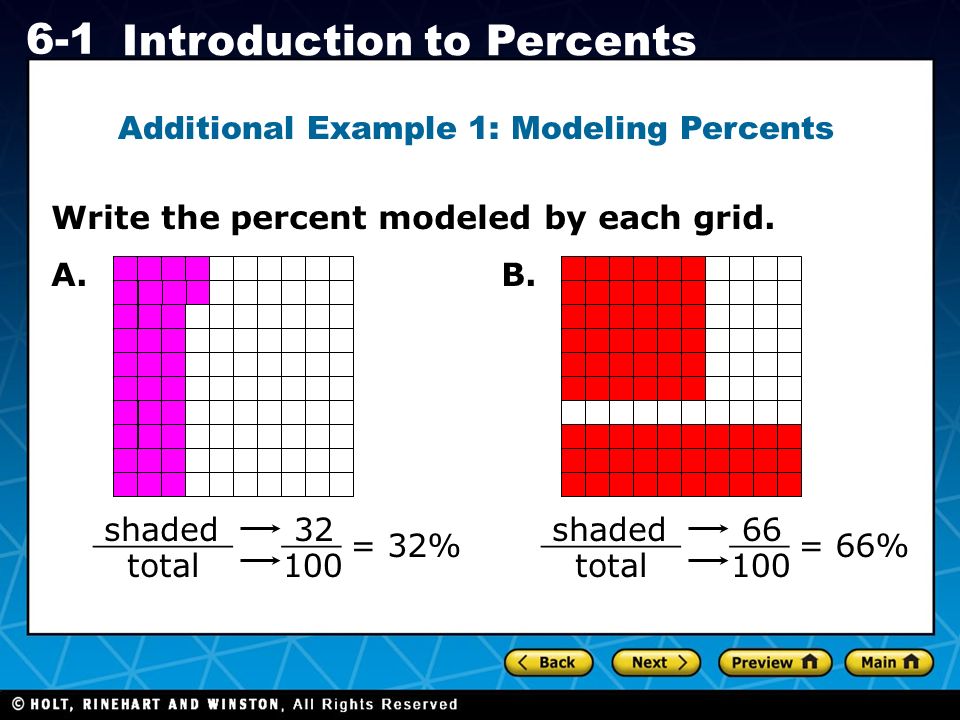 Holt CA Course Introduction to Percents Write the percent modeled by each grid.
