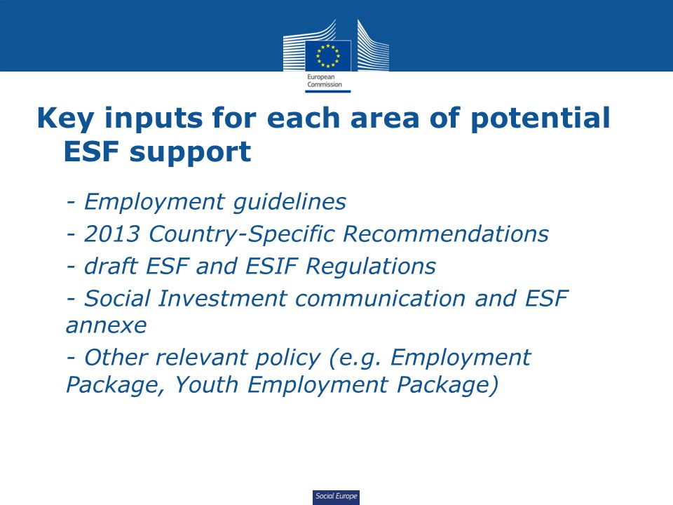 Social Europe Key inputs for each area of potential ESF support - Employment guidelines Country-Specific Recommendations - draft ESF and ESIF Regulations - Social Investment communication and ESF annexe - Other relevant policy (e.g.