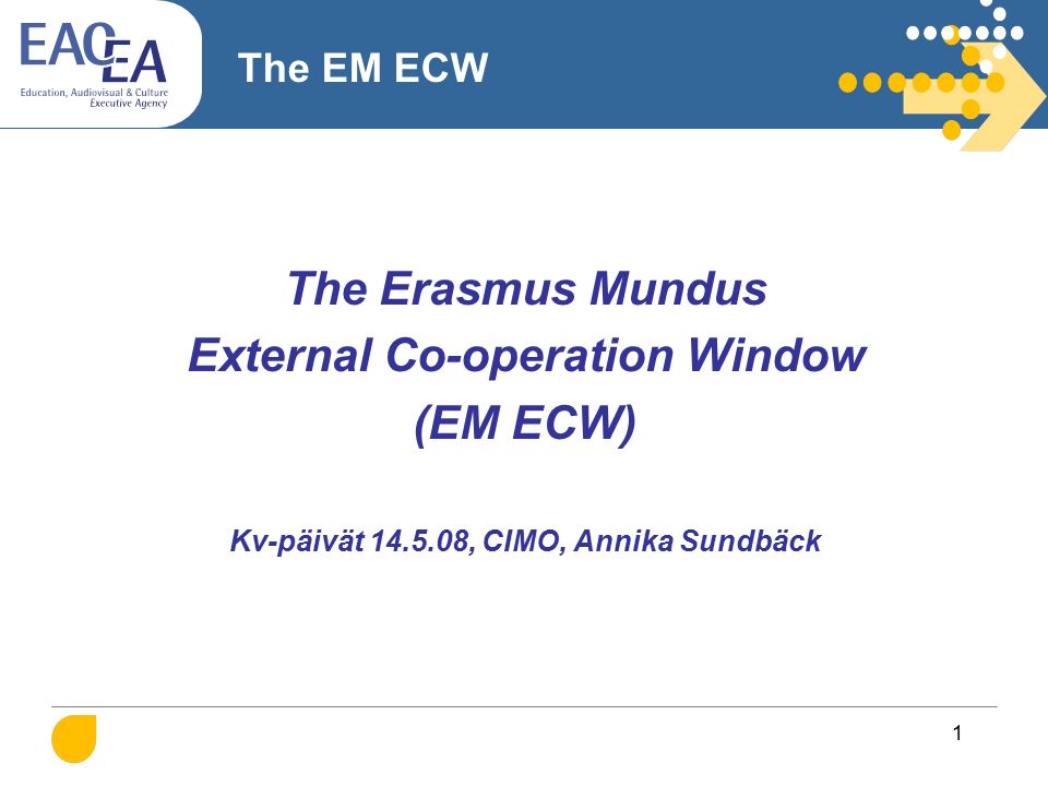 1 The EM ECW The Erasmus Mundus External Co-operation Window (EM ECW) Kv-päivät , CIMO, Annika Sundbäck