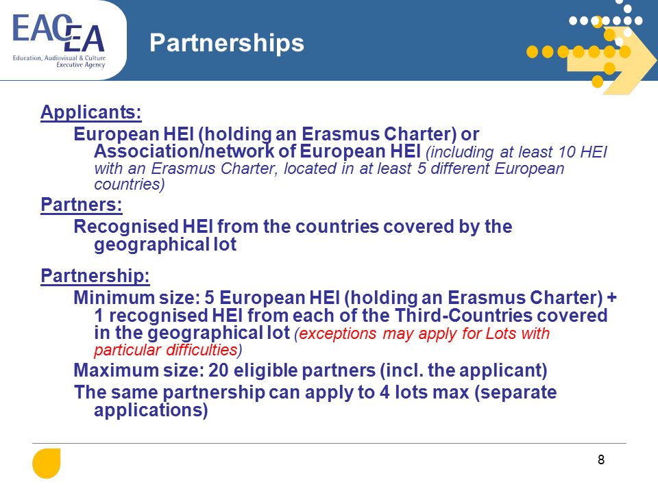 8 Partnerships Applicants: European HEI (holding an Erasmus Charter) or Association/network of European HEI (including at least 10 HEI with an Erasmus Charter, located in at least 5 different European countries) Partners: Recognised HEI from the countries covered by the geographical lot Partnership: Minimum size: 5 European HEI (holding an Erasmus Charter) + 1 recognised HEI from each of the Third-Countries covered in the geographical lot (exceptions may apply for Lots with particular difficulties) Maximum size: 20 eligible partners (incl.