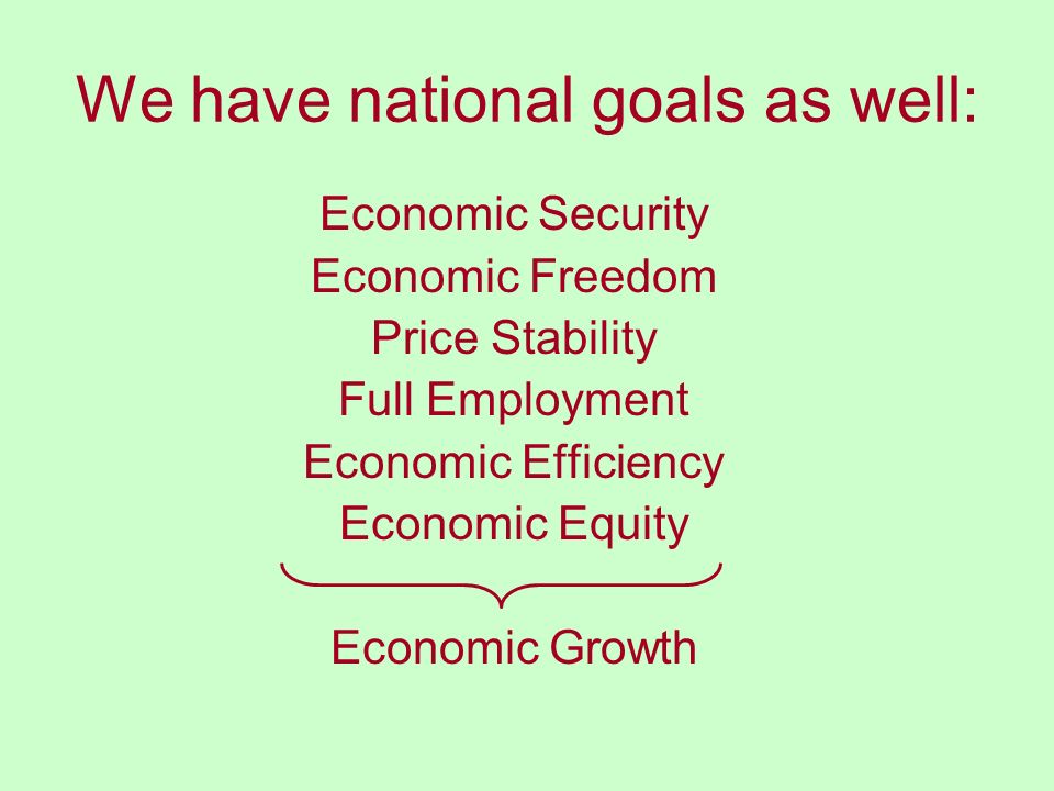 We have national goals as well: Economic Security Economic Freedom Price Stability Full Employment Economic Efficiency Economic Equity Economic Growth