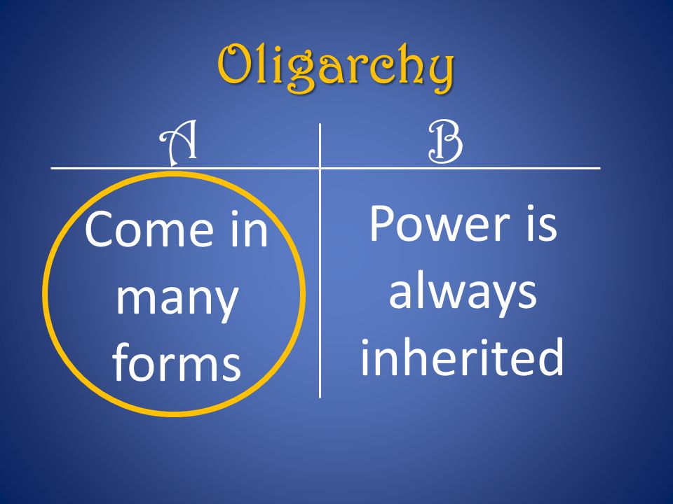 Oligarchy AB Power is always inherited Come in many forms