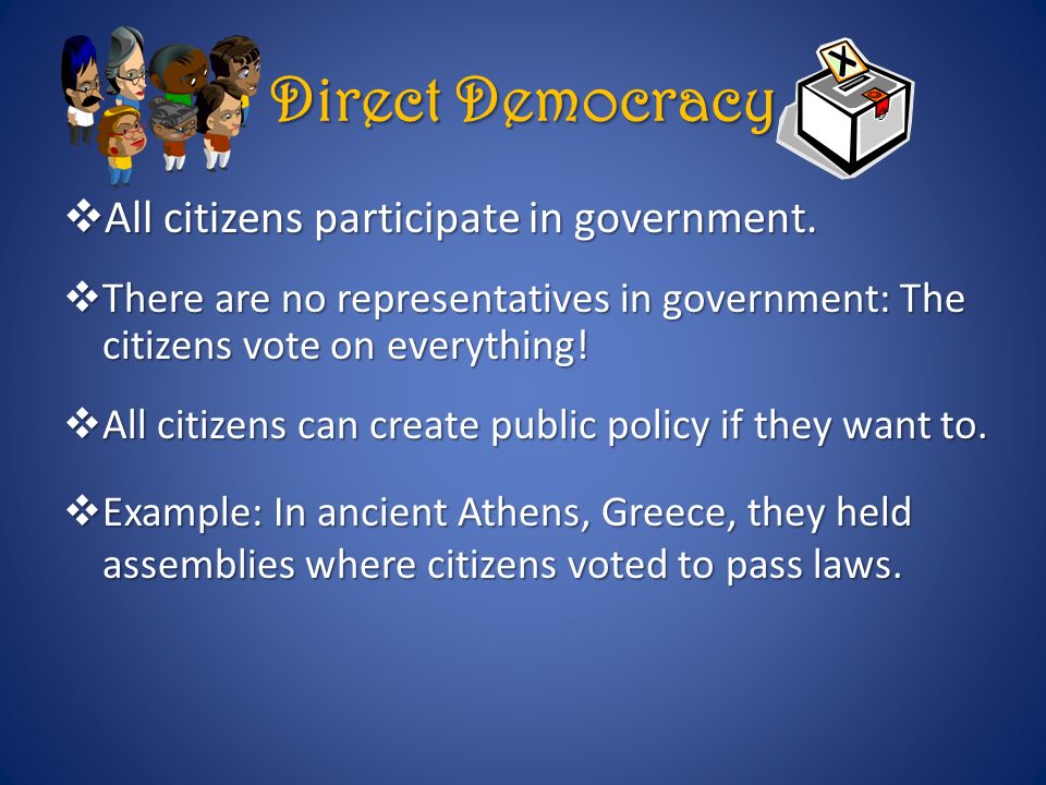 Direct Democracy  All citizens participate in government.