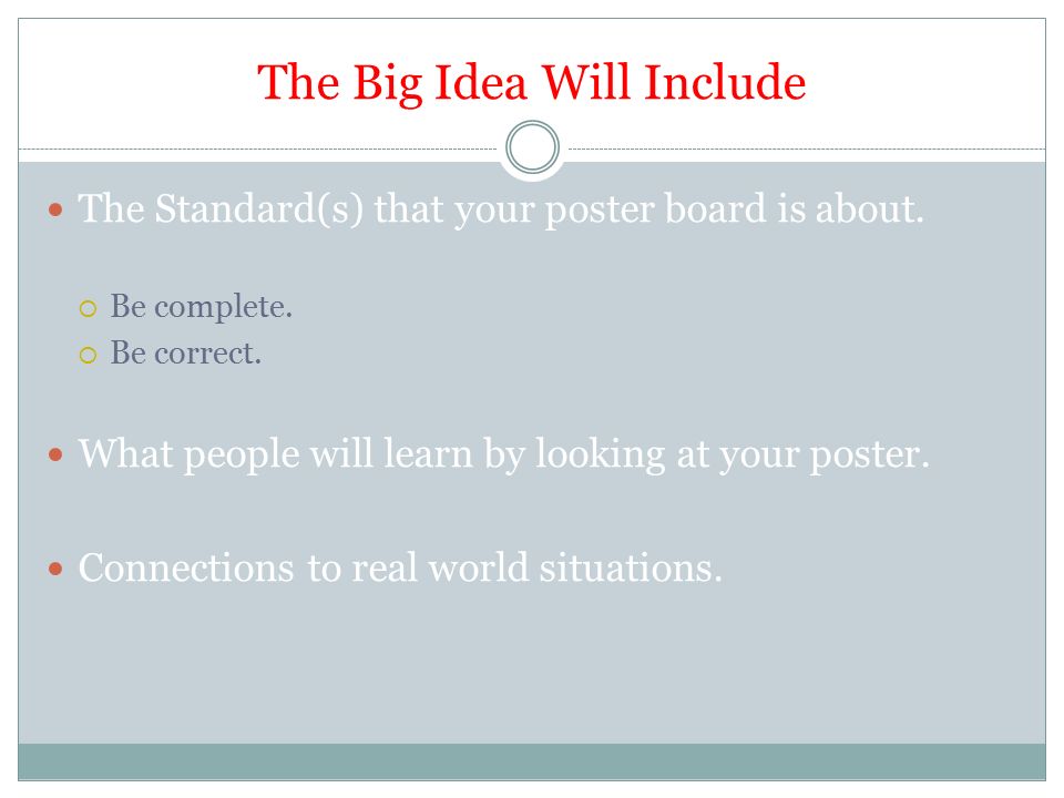 The Big Idea Will Include The Standard(s) that your poster board is about.