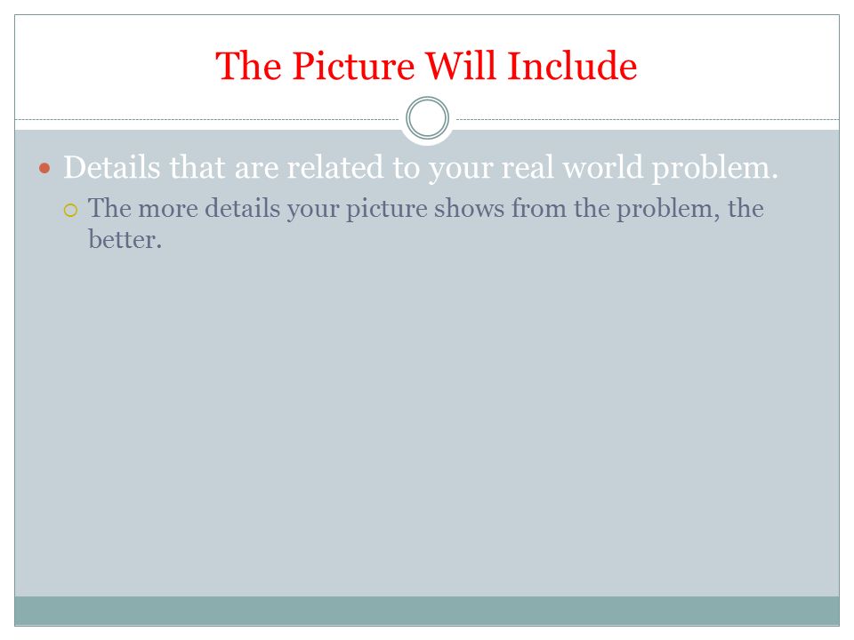 The Picture Will Include Details that are related to your real world problem.