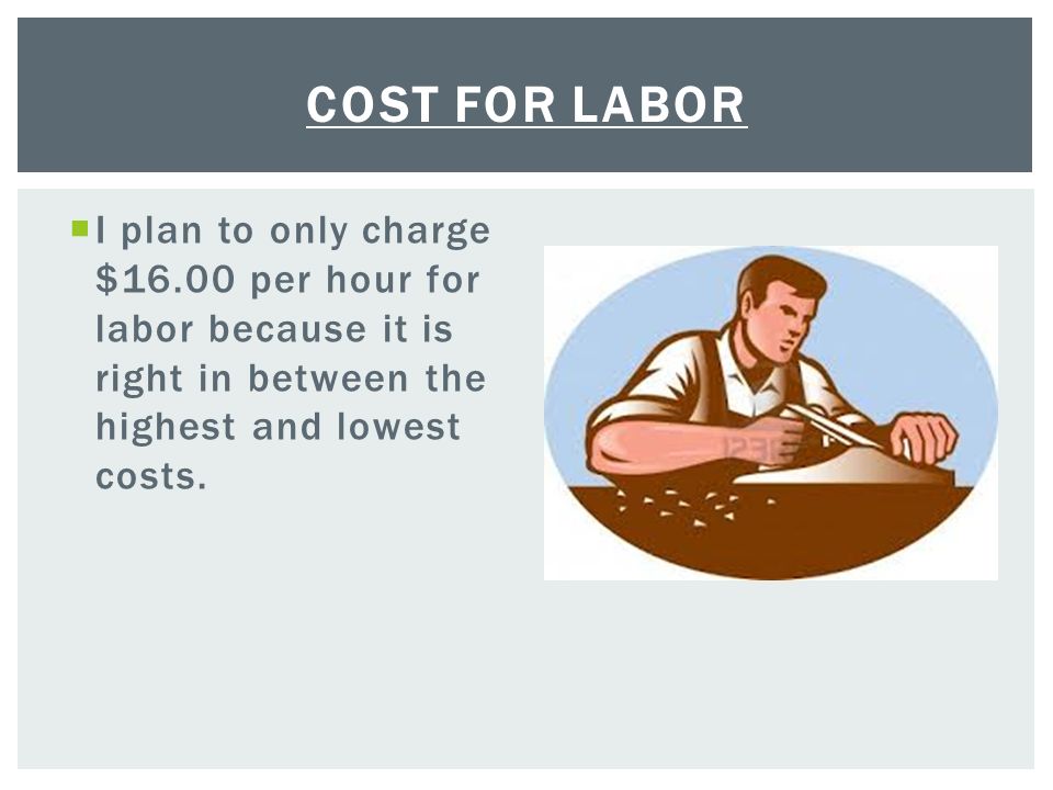  I plan to only charge $16.00 per hour for labor because it is right in between the highest and lowest costs.