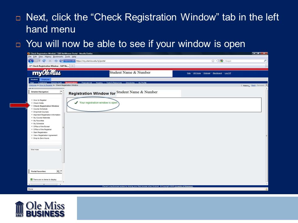  Next, click the Check Registration Window tab in the left hand menu  You will now be able to see if your window is open