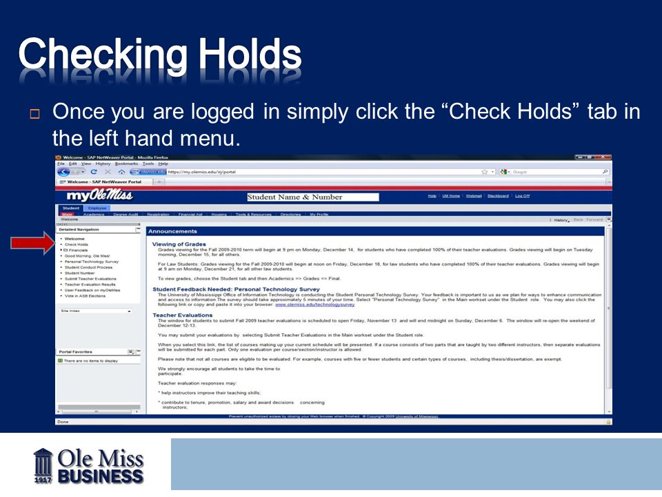  Once you are logged in simply click the Check Holds tab in the left hand menu.