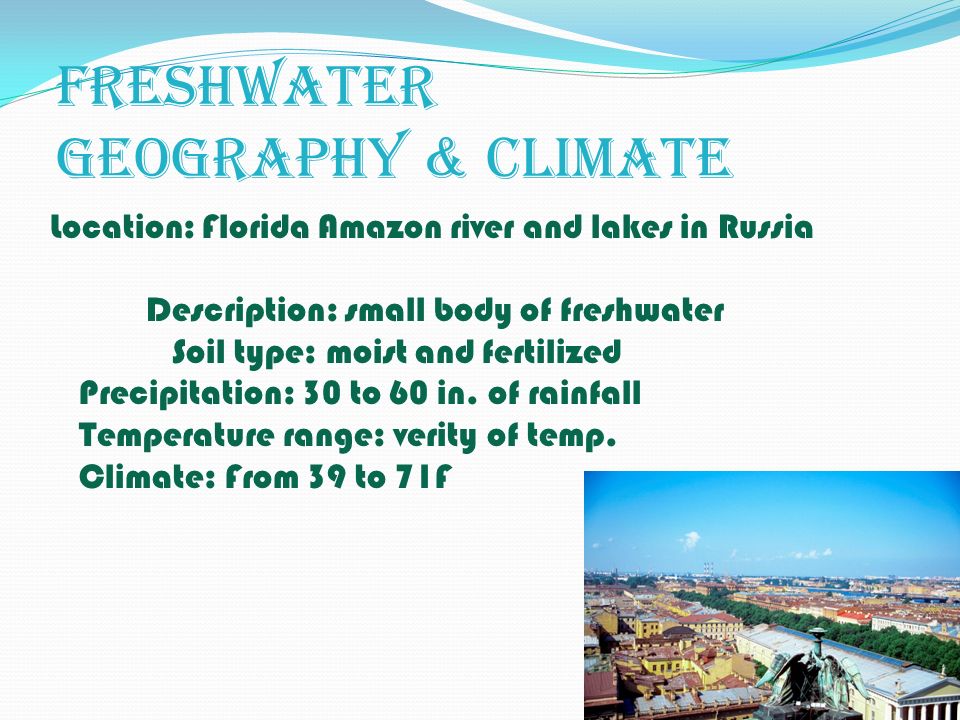 Freshwater Geography & Climate Location: Florida Amazon river and lakes in Russia Description: small body of freshwater Soil type: moist and fertilized Precipitation: 30 to 60 in.