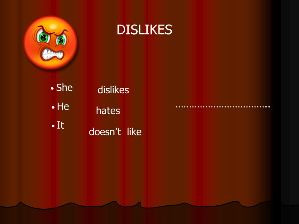 DISLIKES She He It dislikes hates doesn’t like ……………………………..