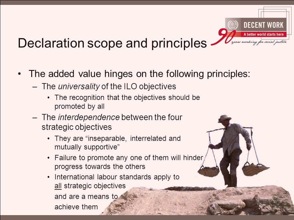 Declaration scope and principles The added value hinges on the following principles: –The universality of the ILO objectives The recognition that the objectives should be promoted by all –The interdependence between the four strategic objectives They are inseparable, interrelated and mutually supportive Failure to promote any one of them will hinder progress towards the others International labour standards apply to all strategic objectives and are a means to achieve them