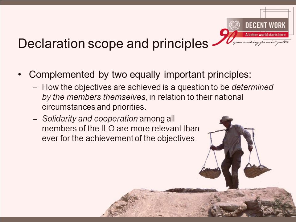 Declaration scope and principles Complemented by two equally important principles: –How the objectives are achieved is a question to be determined by the members themselves, in relation to their national circumstances and priorities.