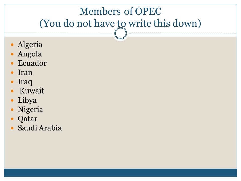 Members of OPEC (You do not have to write this down) Algeria Angola Ecuador Iran Iraq Kuwait Libya Nigeria Qatar Saudi Arabia