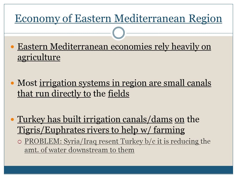 Economy of Eastern Mediterranean Region Eastern Mediterranean economies rely heavily on agriculture Most irrigation systems in region are small canals that run directly to the fields Turkey has built irrigation canals/dams on the Tigris/Euphrates rivers to help w/ farming  PROBLEM: Syria/Iraq resent Turkey b/c it is reducing the amt.