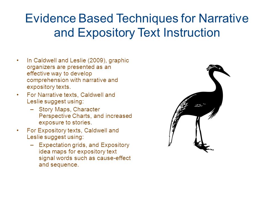 Evidence Based Techniques for Narrative and Expository Text Instruction In Caldwell and Leslie (2009), graphic organizers are presented as an effective way to develop comprehension with narrative and expository texts.