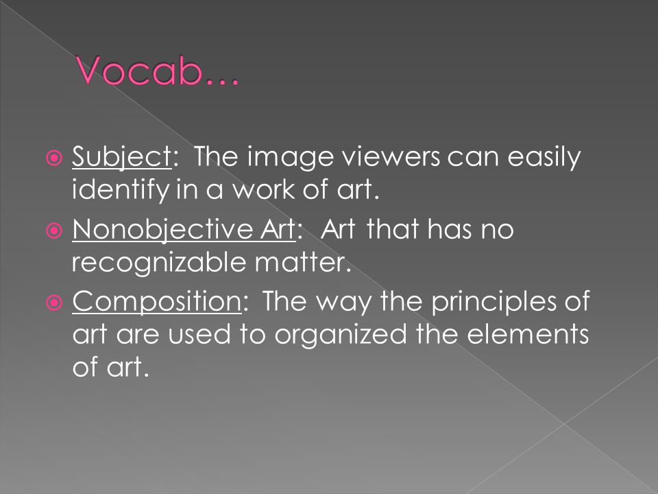  Subject: The image viewers can easily identify in a work of art.