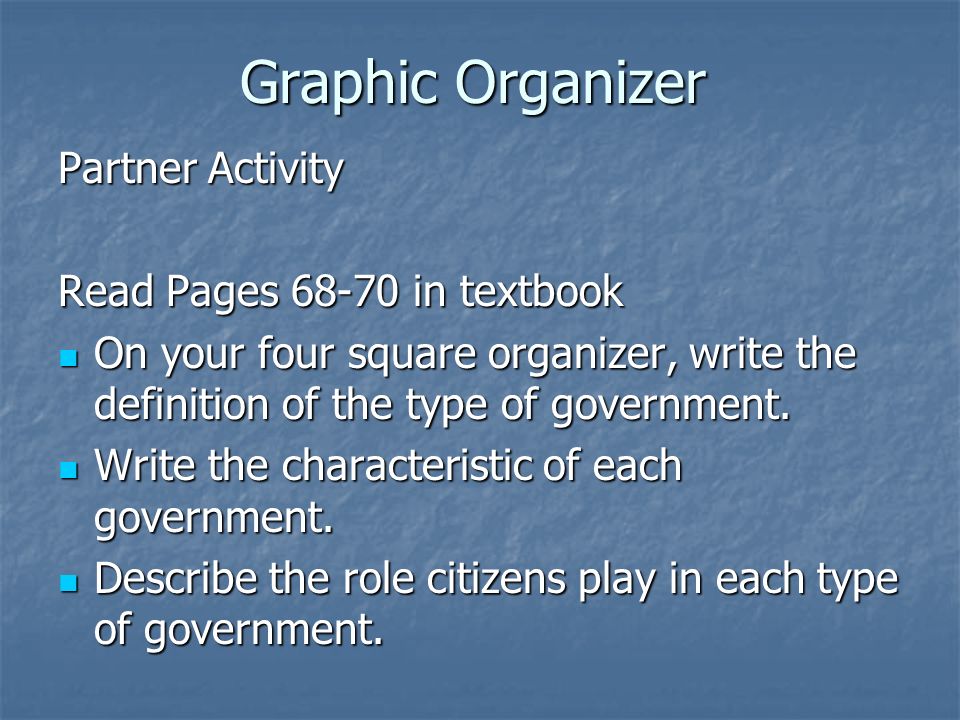 Graphic Organizer Partner Activity Read Pages in textbook On your four square organizer, write the definition of the type of government.