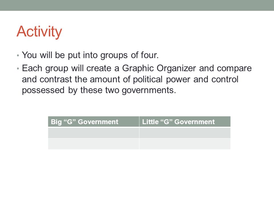 Activity You will be put into groups of four.