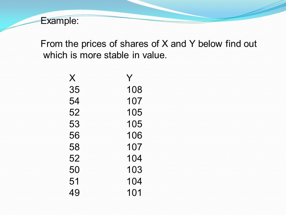 Example: From the prices of shares of X and Y below find out which is more stable in value.
