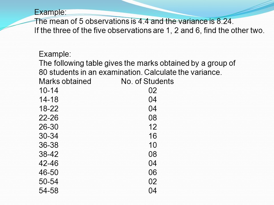 Example: The mean of 5 observations is 4.4 and the variance is 8.24.