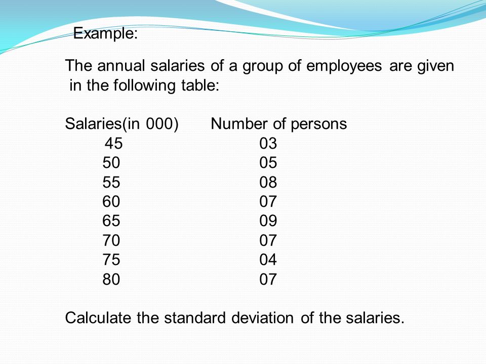 Example: The annual salaries of a group of employees are given in the following table: Salaries(in 000)Number of persons Calculate the standard deviation of the salaries.