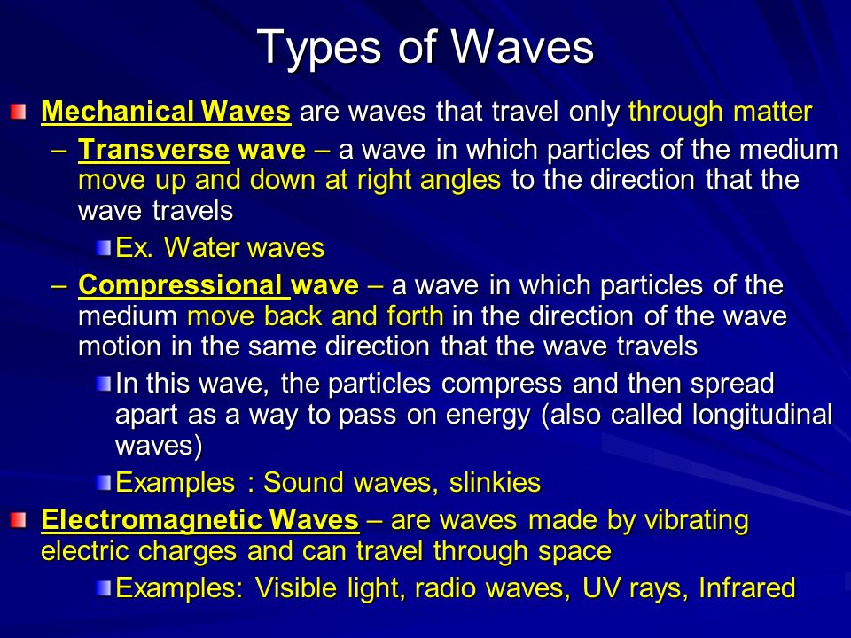 Types of Waves Mechanical Waves are waves that travel only through matter –Transverse wave – a wave in which particles of the medium move up and down at right angles to the direction that the wave travels Ex.