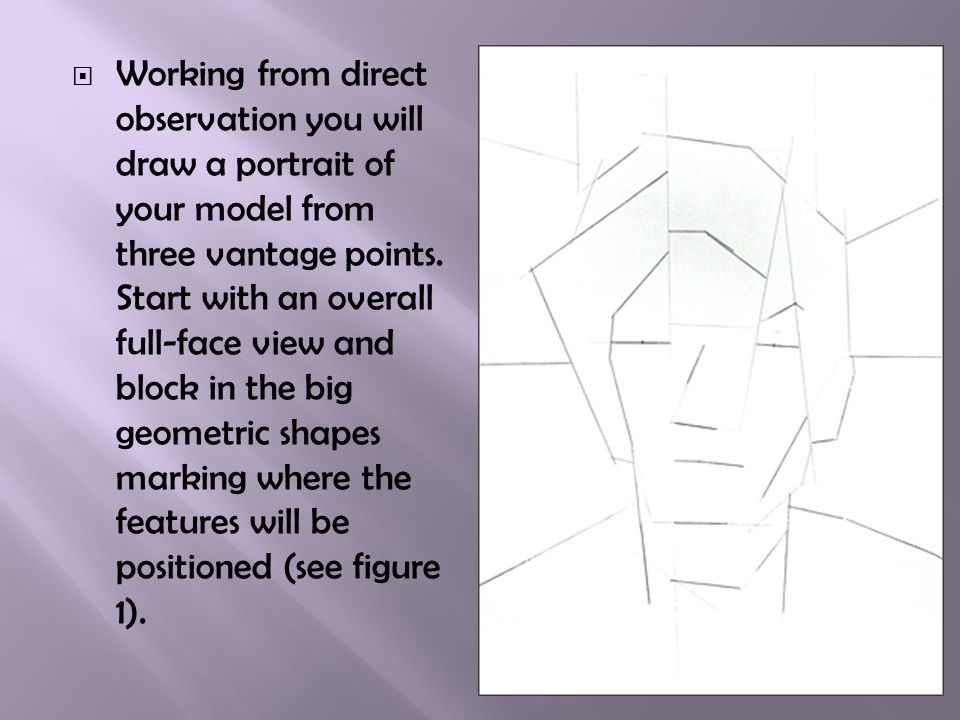  Working from direct observation you will draw a portrait of your model from three vantage points.