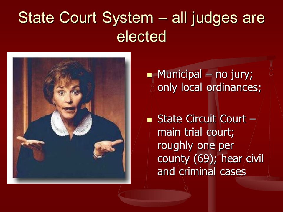 State Court System – all judges are elected Municipal – no jury; only local ordinances; State Circuit Court – main trial court; roughly one per county (69); hear civil and criminal cases