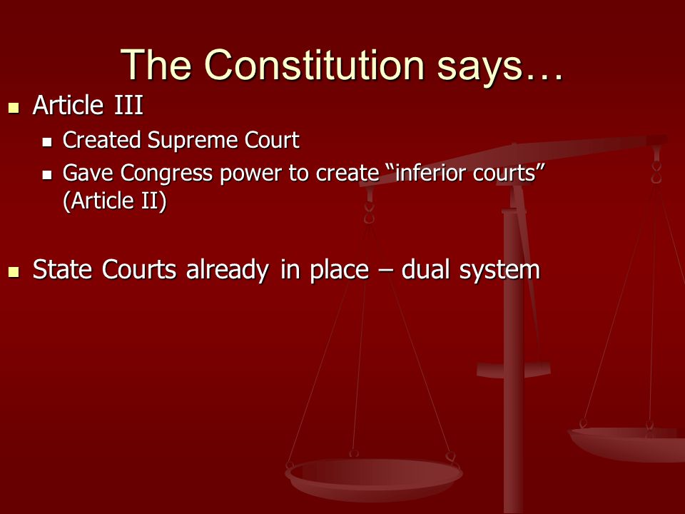 The Constitution says… Article III Article III Created Supreme Court Created Supreme Court Gave Congress power to create inferior courts (Article II) Gave Congress power to create inferior courts (Article II) State Courts already in place – dual system State Courts already in place – dual system