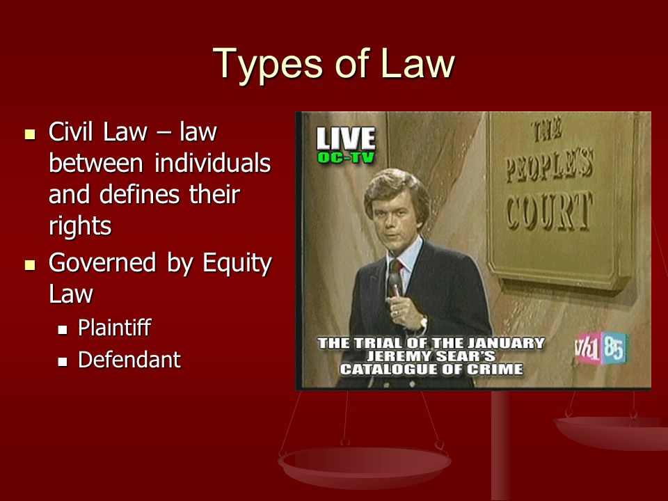 Types of Law Civil Law – law between individuals and defines their rights Civil Law – law between individuals and defines their rights Governed by Equity Law Governed by Equity Law Plaintiff Plaintiff Defendant Defendant