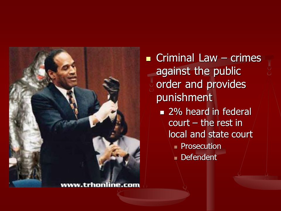 Criminal Law – crimes against the public order and provides punishment 2% heard in federal court – the rest in local and state court Prosecution Defendent