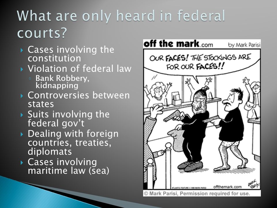  Cases involving the constitution  Violation of federal law ◦ Bank Robbery, kidnapping  Controversies between states  Suits involving the federal gov’t  Dealing with foreign countries, treaties, diplomats  Cases involving maritime law (sea)